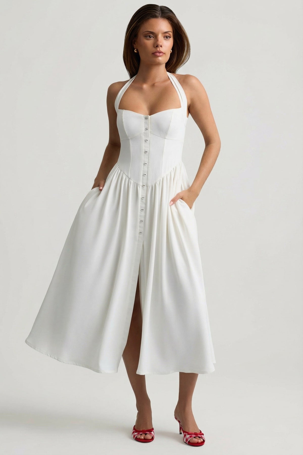 Button-Detail Halterneck Midaxi Dress in White – view 6