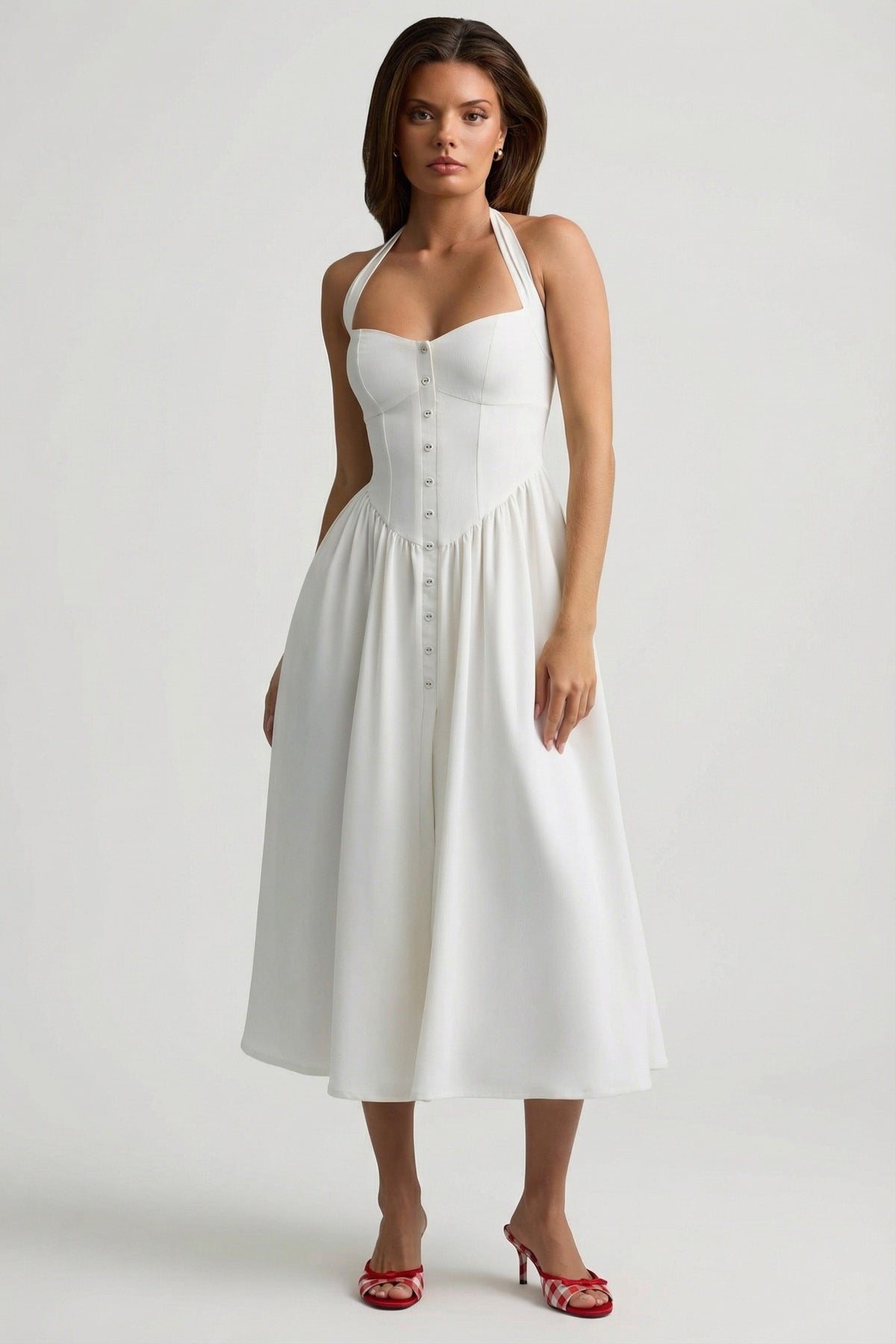 Button-Detail Halterneck Midaxi Dress in White – view 7