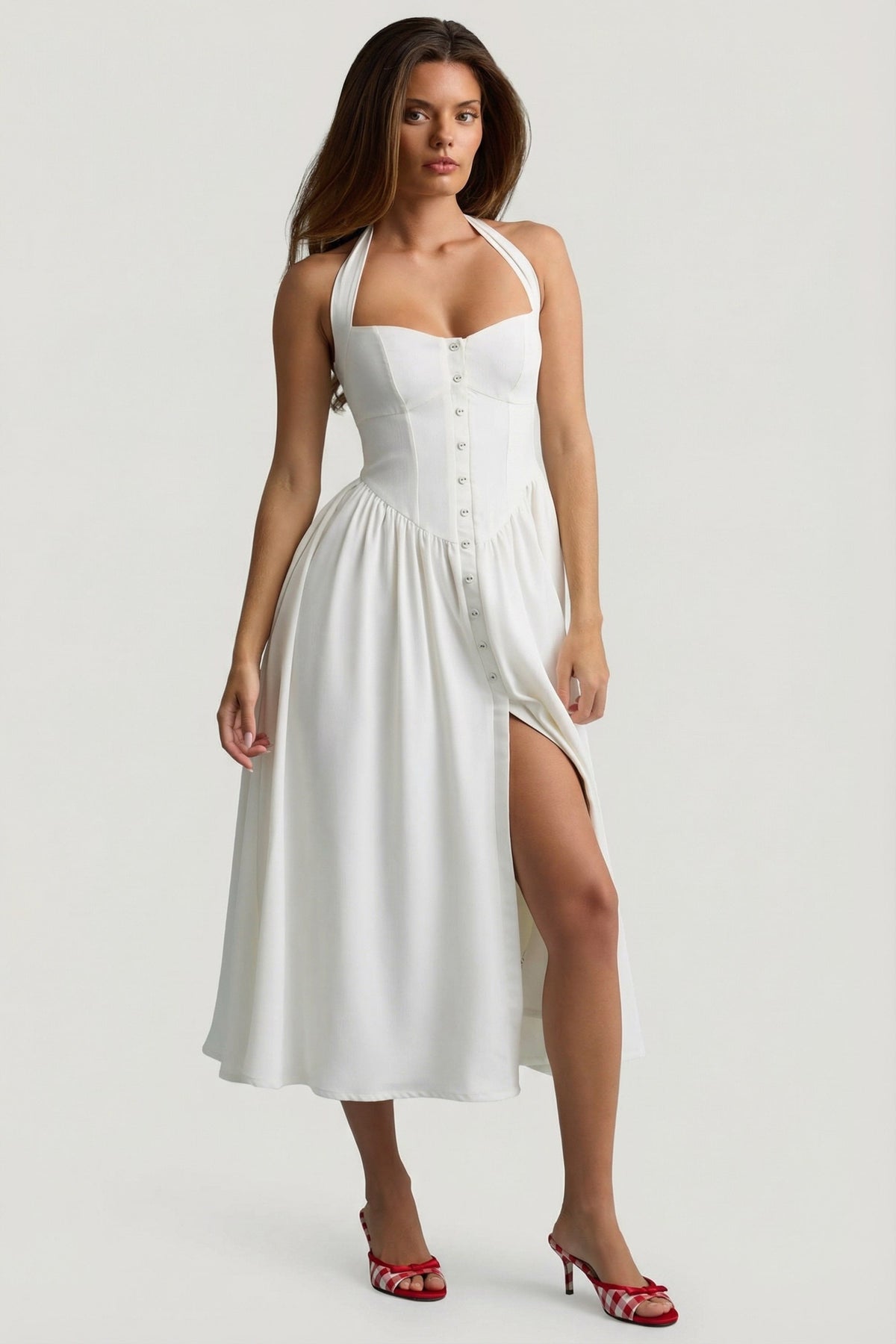 Button-Detail Halterneck Midaxi Dress in White – view 8