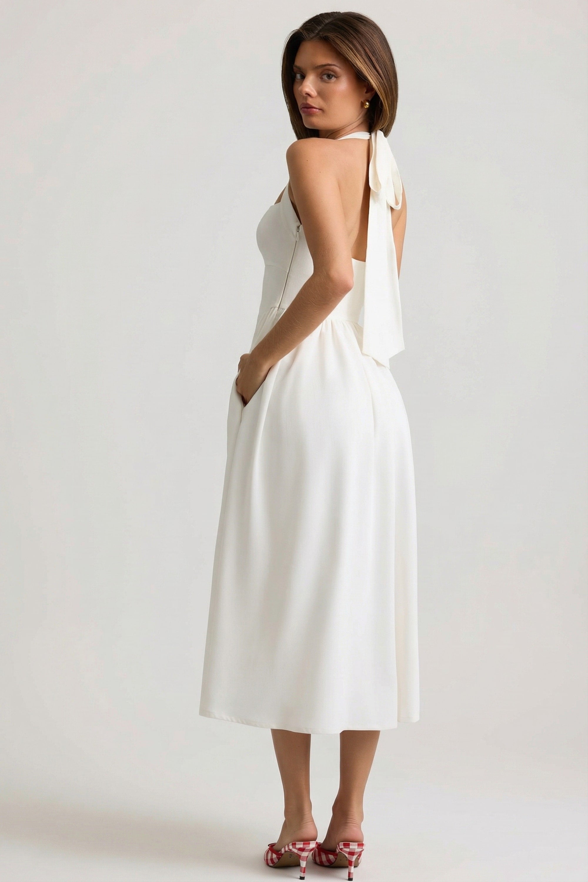 Button-Detail Halterneck Midaxi Dress in White