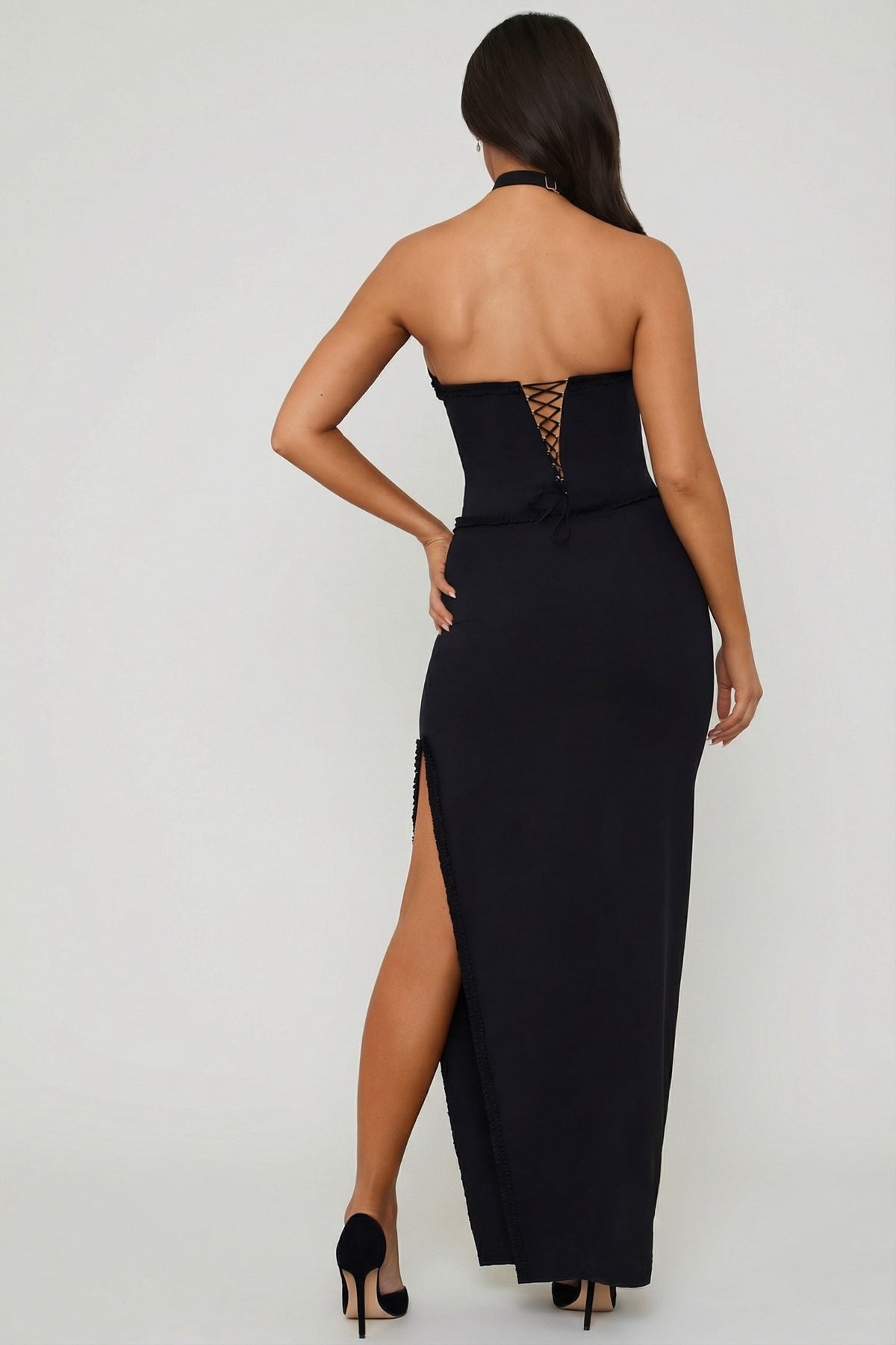 Halterneck Lace-Up Corset Maxi Dress in Black – view 2
