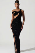 Embellished Asymmetric Cut-Out Gown in Black – view 1