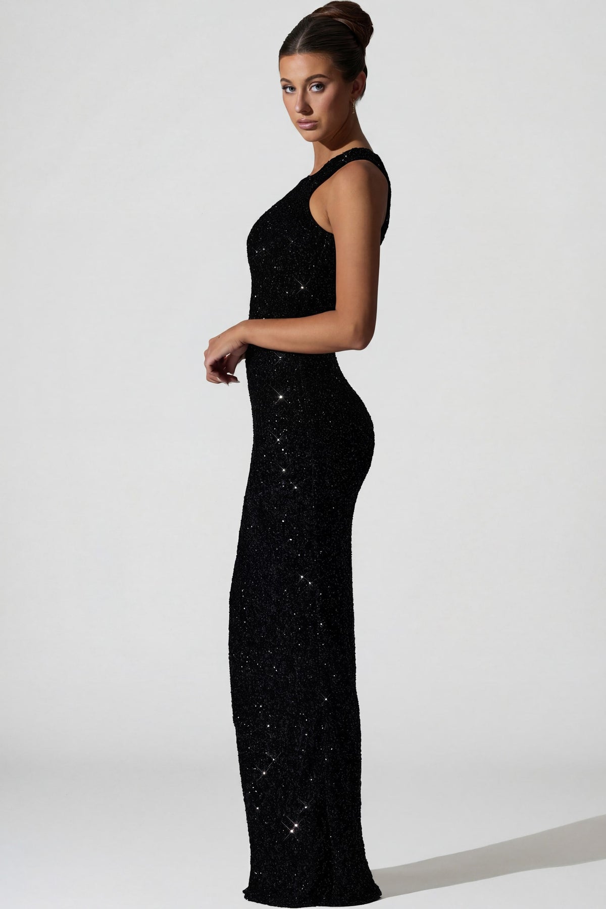 Embellished Asymmetric Cut-Out Gown in Black – view 8
