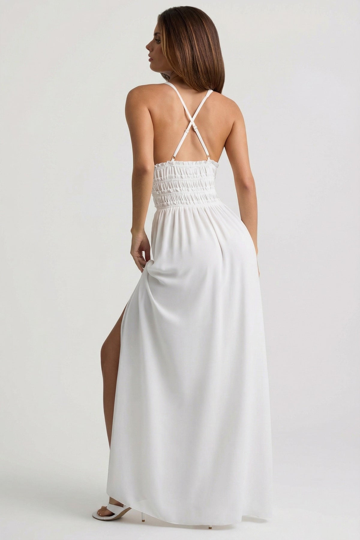 Plunge Cross-Back Maxi Dress in White – view 5
