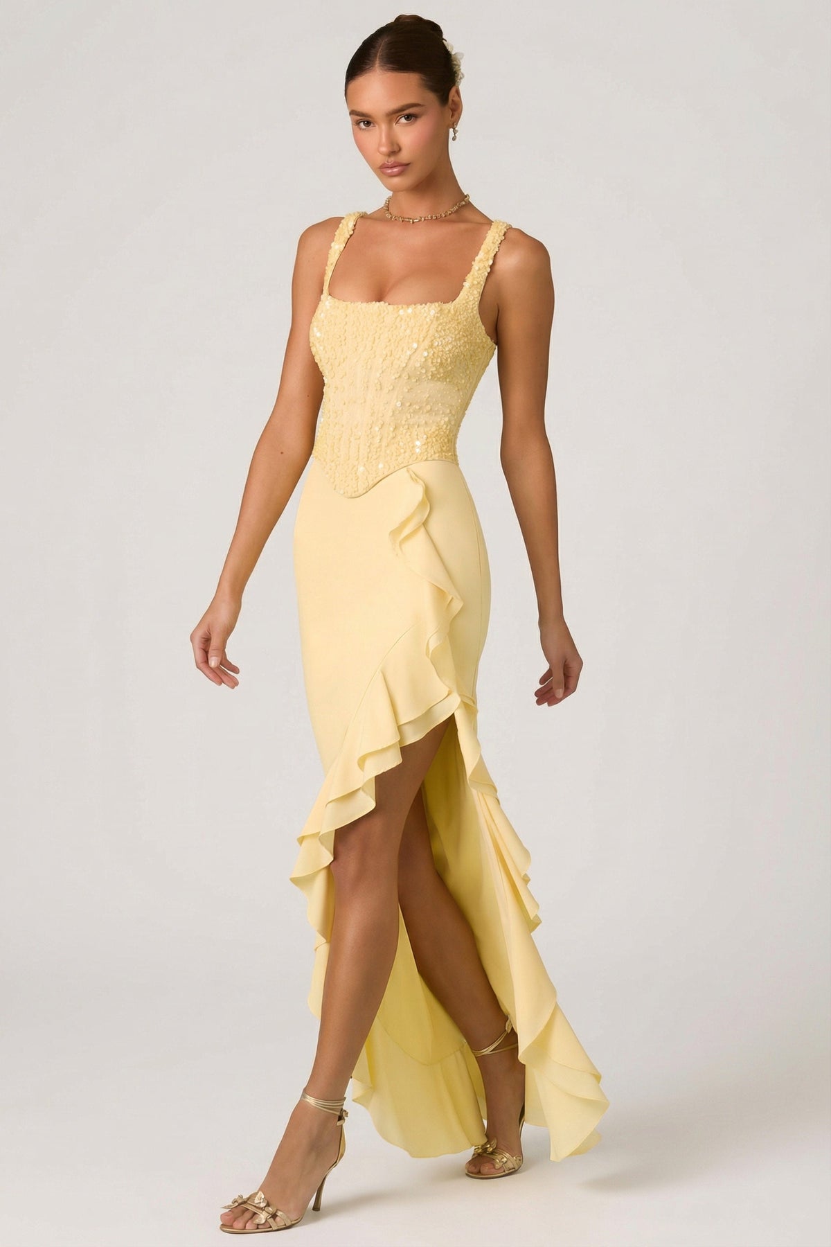 Embellished Ruffle-Trim Corset Gown in Yellow – view 6