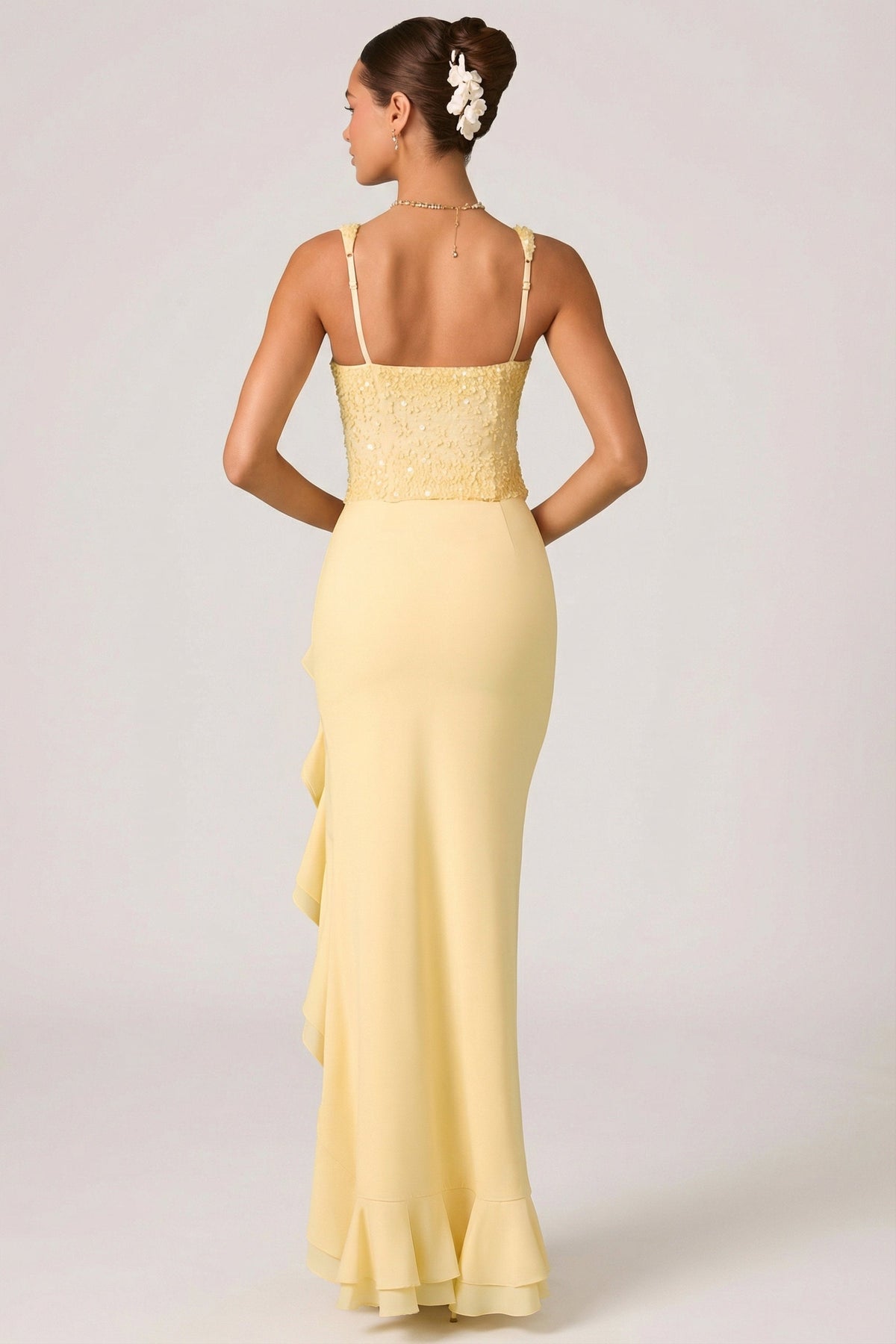 Embellished Ruffle-Trim Corset Gown in Yellow – view 2