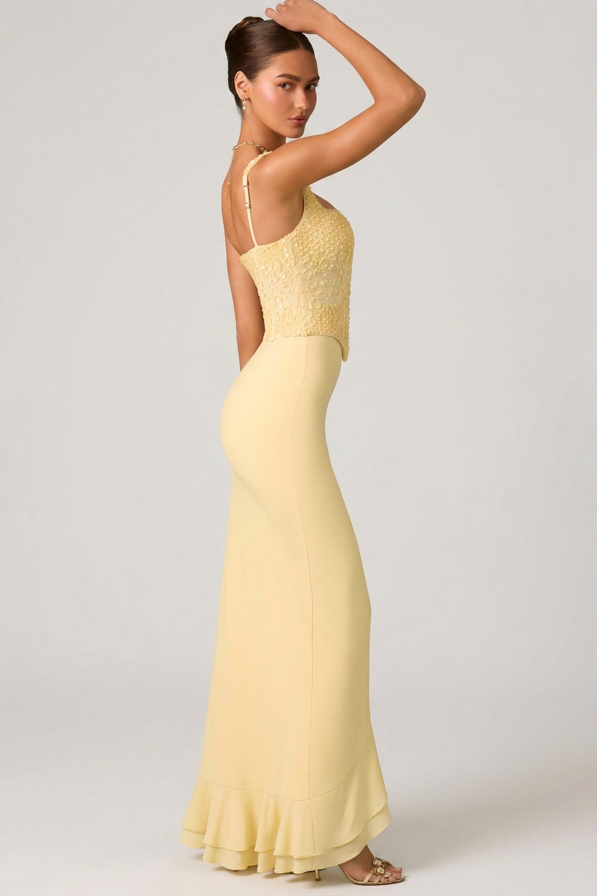 Embellished Ruffle-Trim Corset Gown in Yellow – view 4
