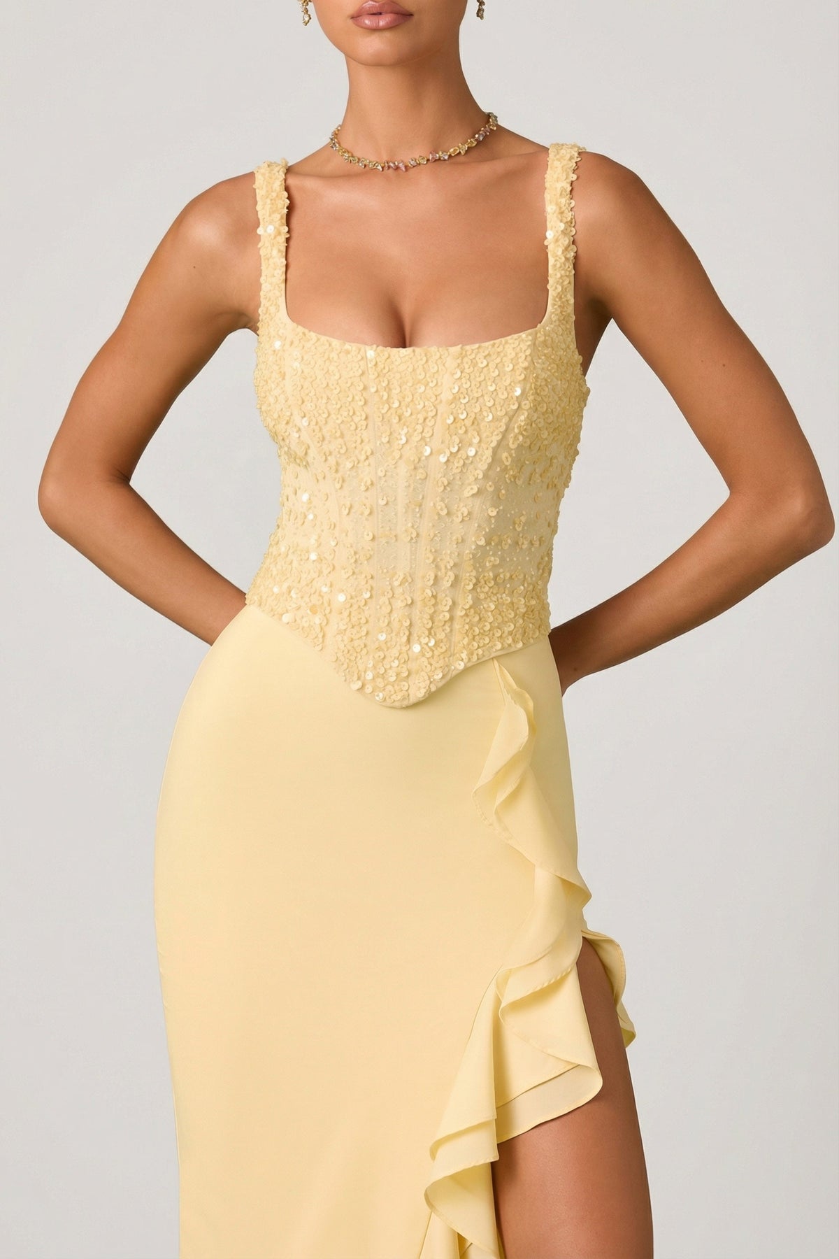 Embellished Ruffle-Trim Corset Gown in Yellow – view 3
