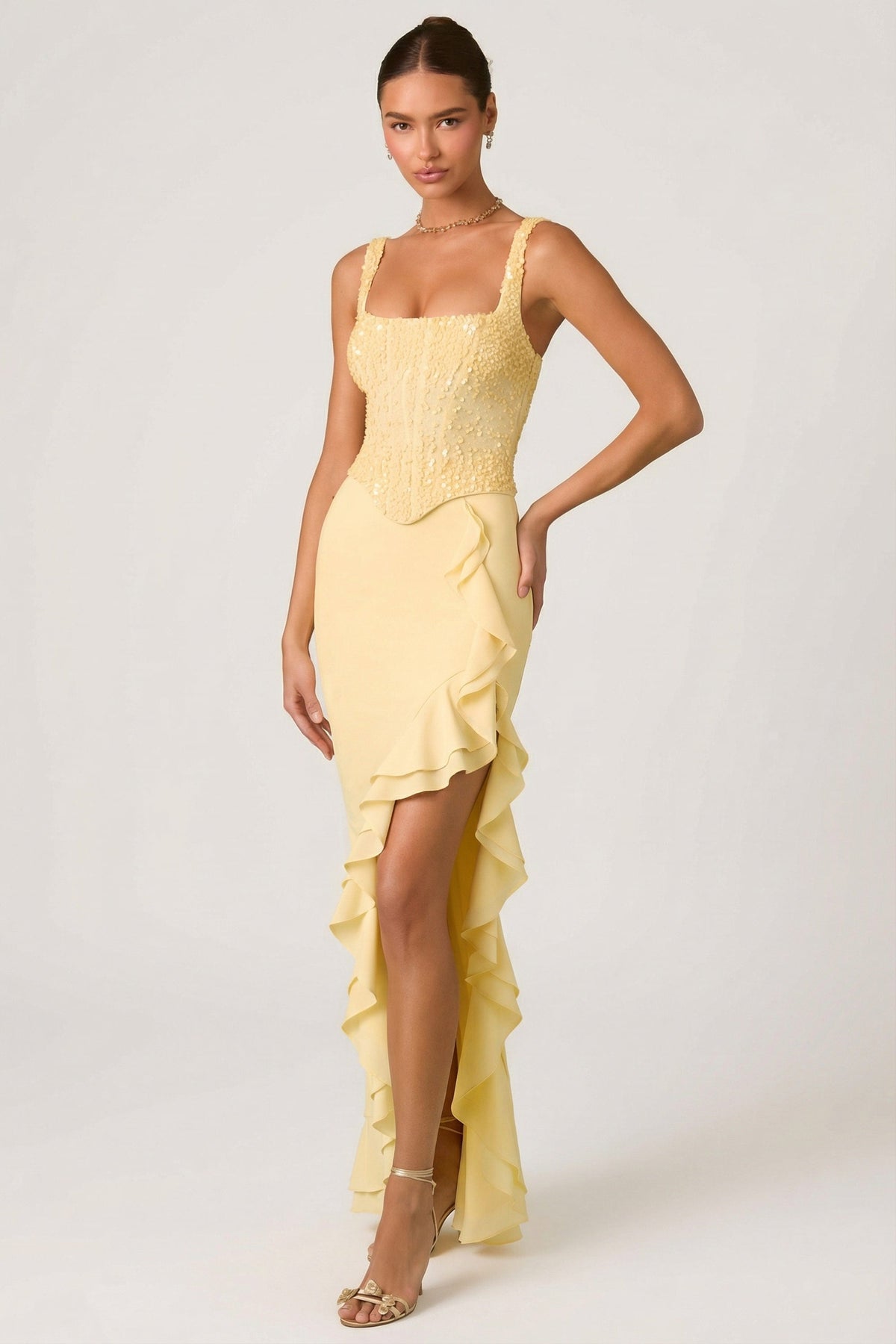 Embellished Ruffle-Trim Corset Gown in Yellow – view 8