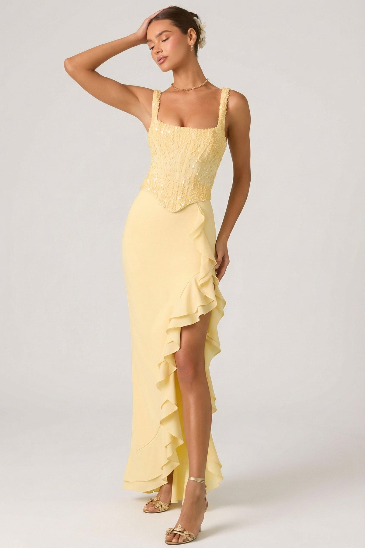 Embellished Ruffle-Trim Corset Gown in Yellow – view 5