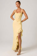Embellished Ruffle-Trim Corset Gown in Yellow – view 1