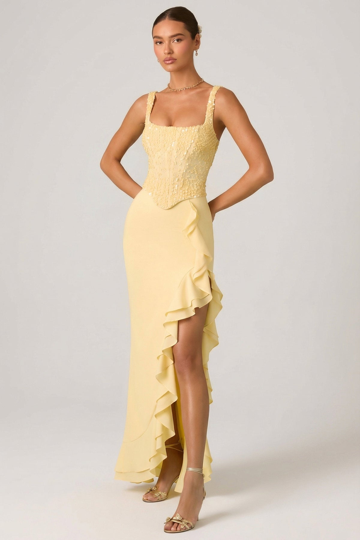 Embellished Ruffle-Trim Corset Gown in Yellow – view 1
