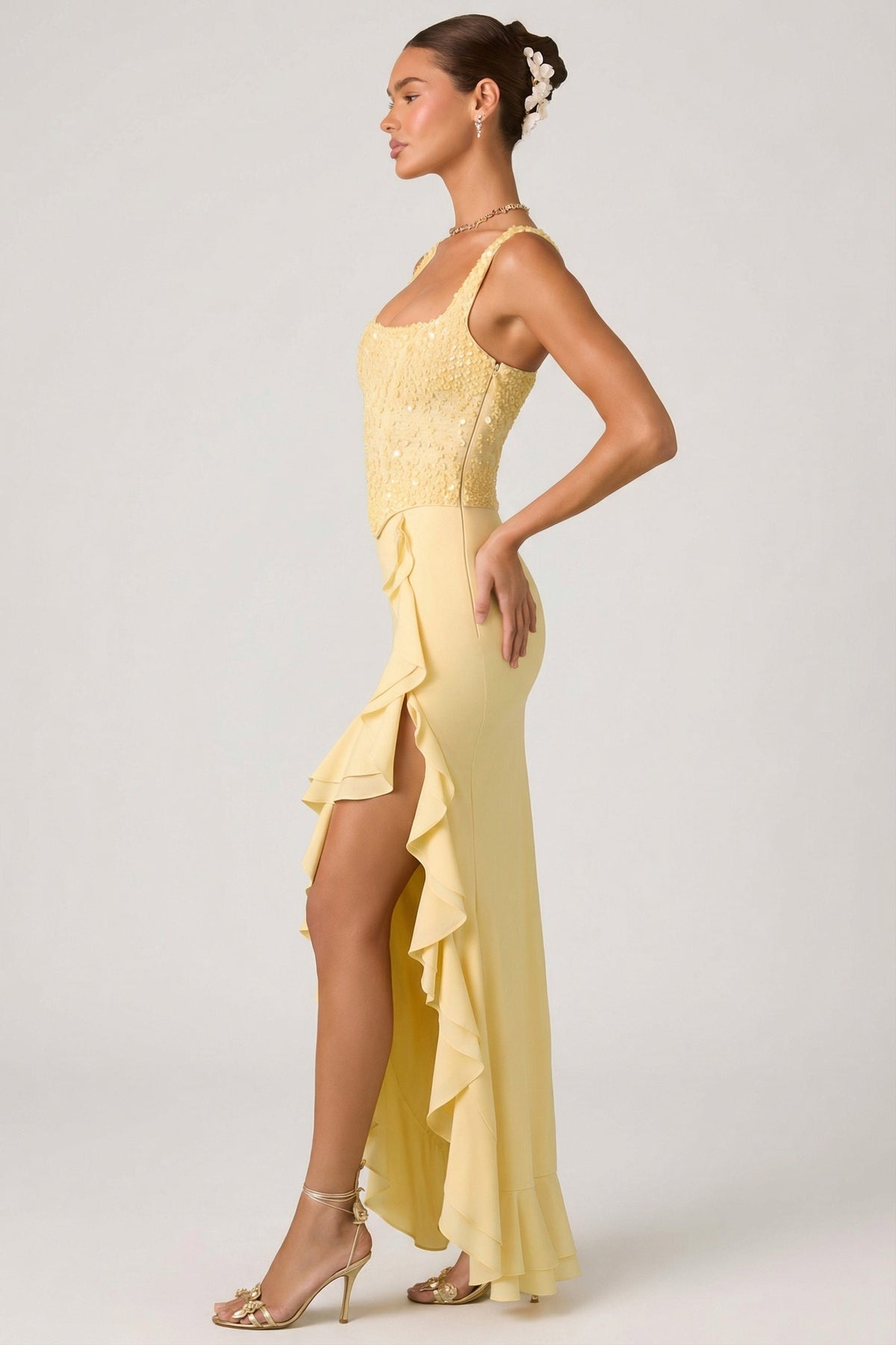 Embellished Ruffle-Trim Corset Gown in Yellow – view 7