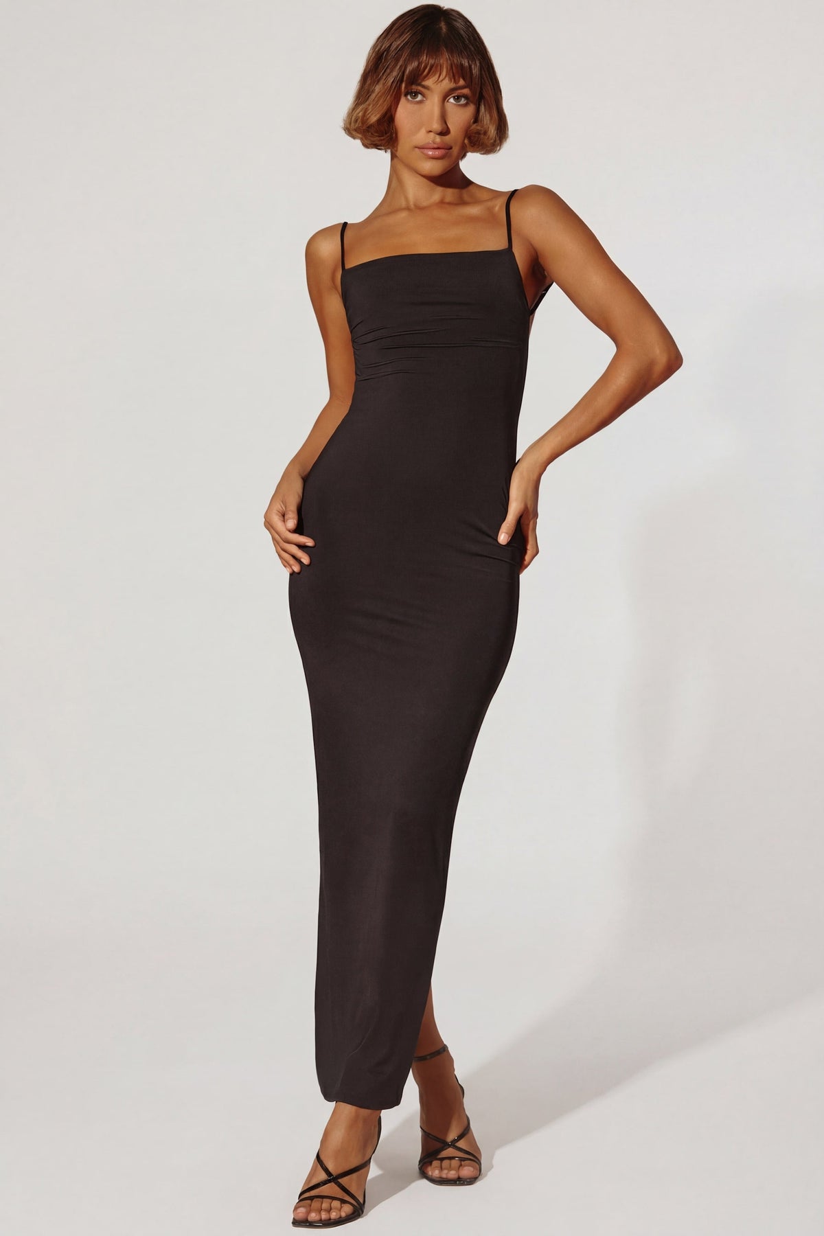 Ruched Bodycon Maxi Dress in Black – view 6
