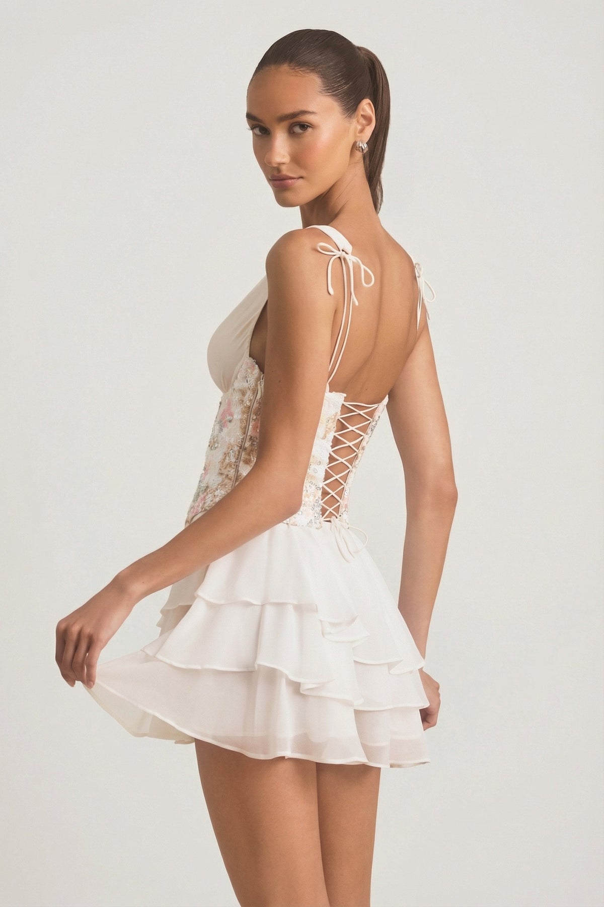 Embellished Ruffled Corset Mini Dress in Ivory – view 2