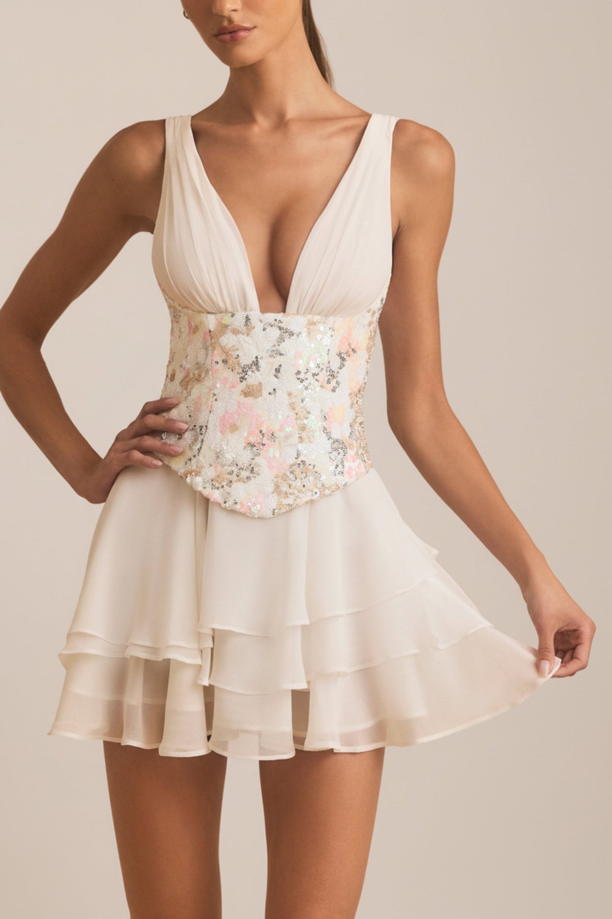 Embellished Ruffled Corset Mini Dress in Ivory – view 4