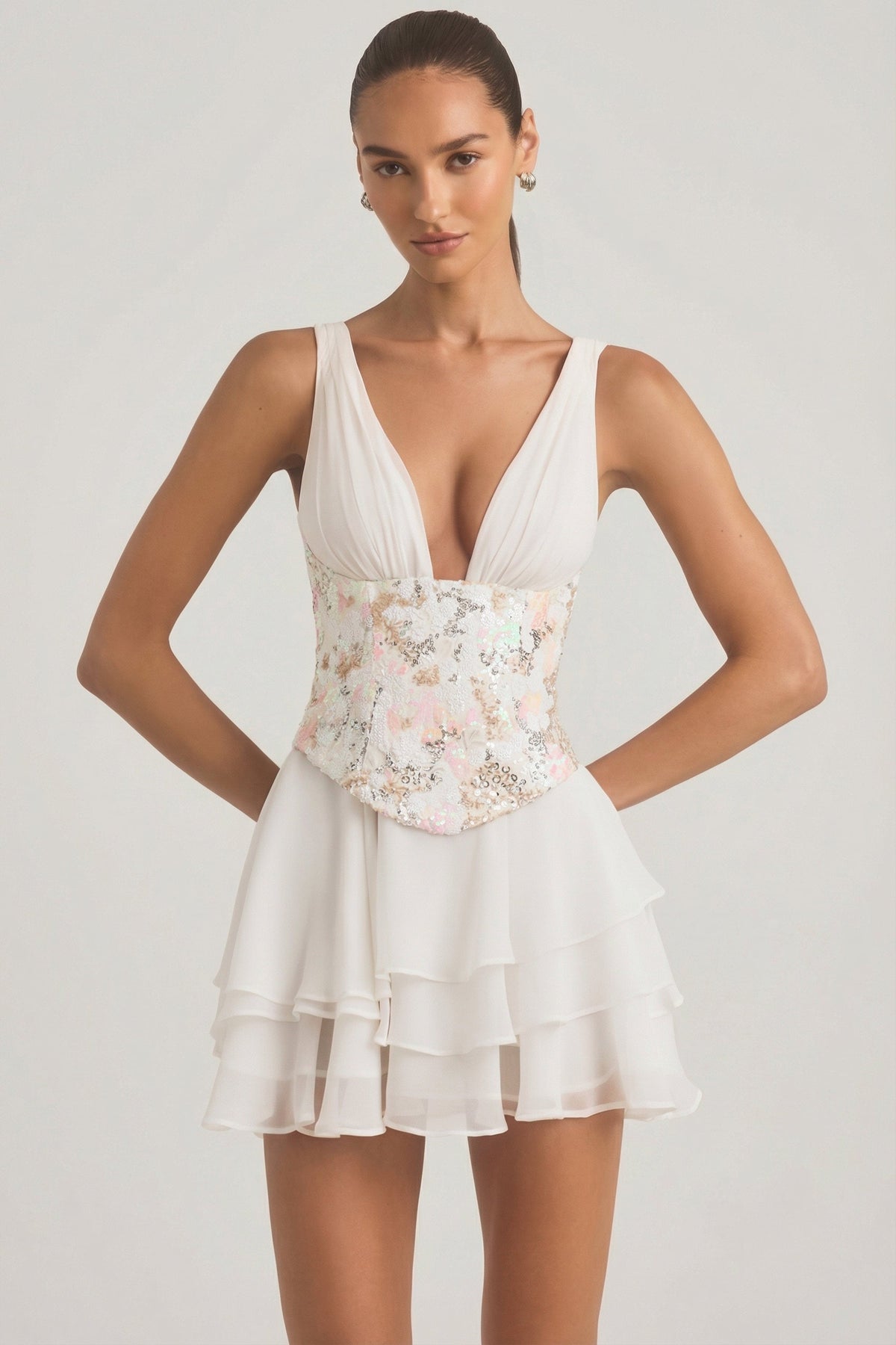 Embellished Ruffled Corset Mini Dress in Ivory – view 8