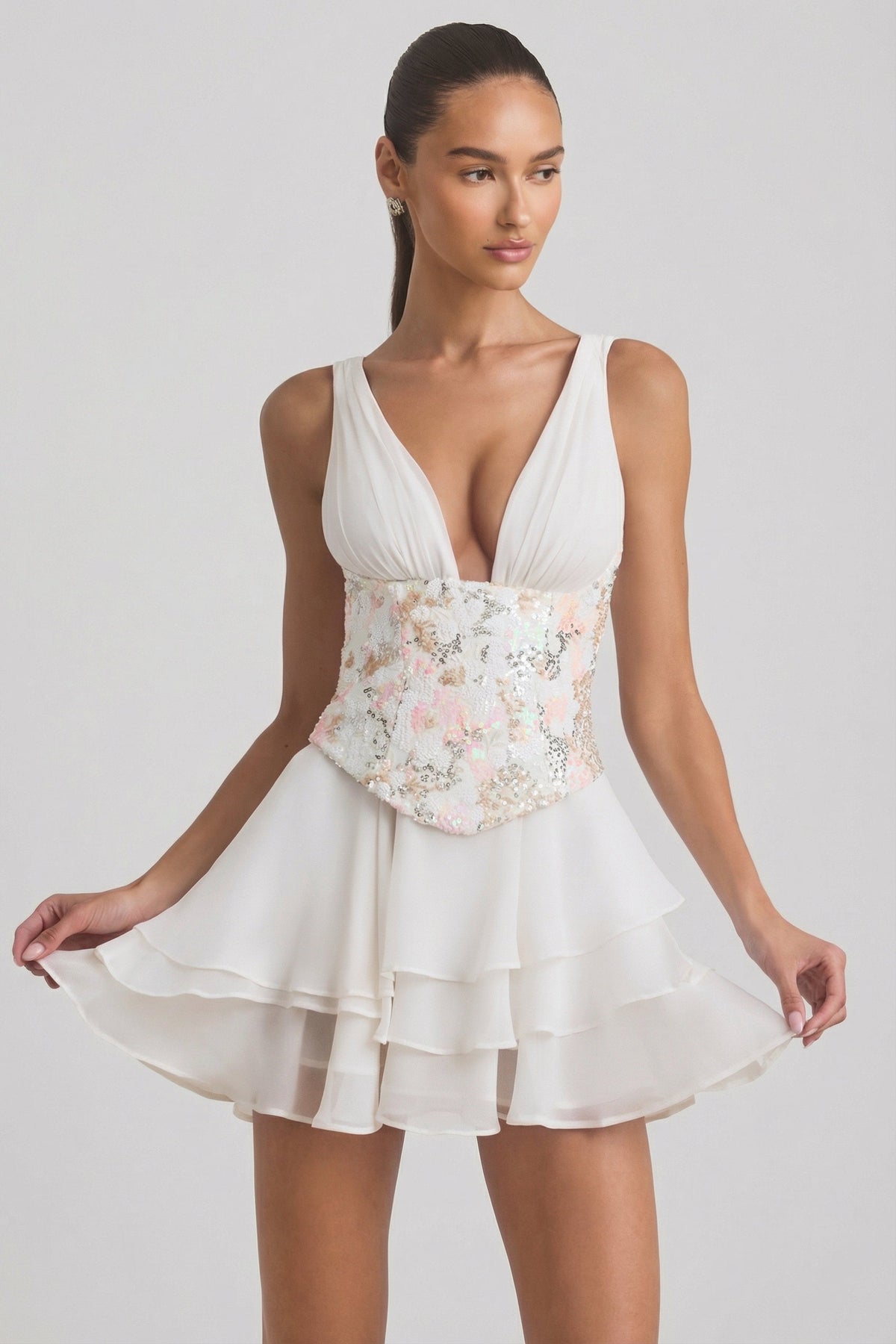 Embellished Ruffled Corset Mini Dress in Ivory – view 7