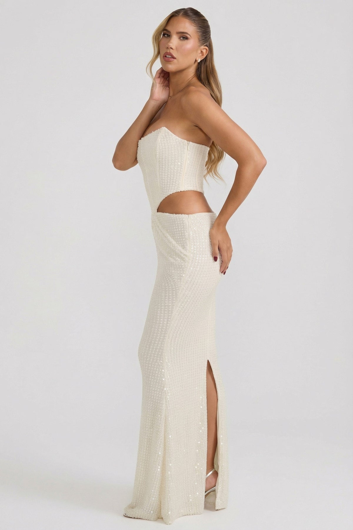 Embellished Cut-Out Draped Corset Gown in White – view 7