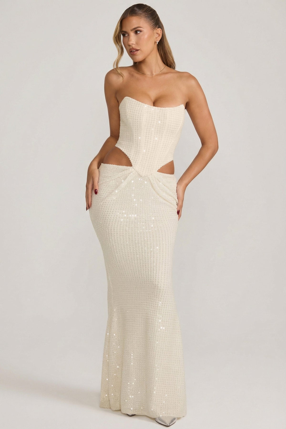 Embellished Cut-Out Draped Corset Gown in White – view 1