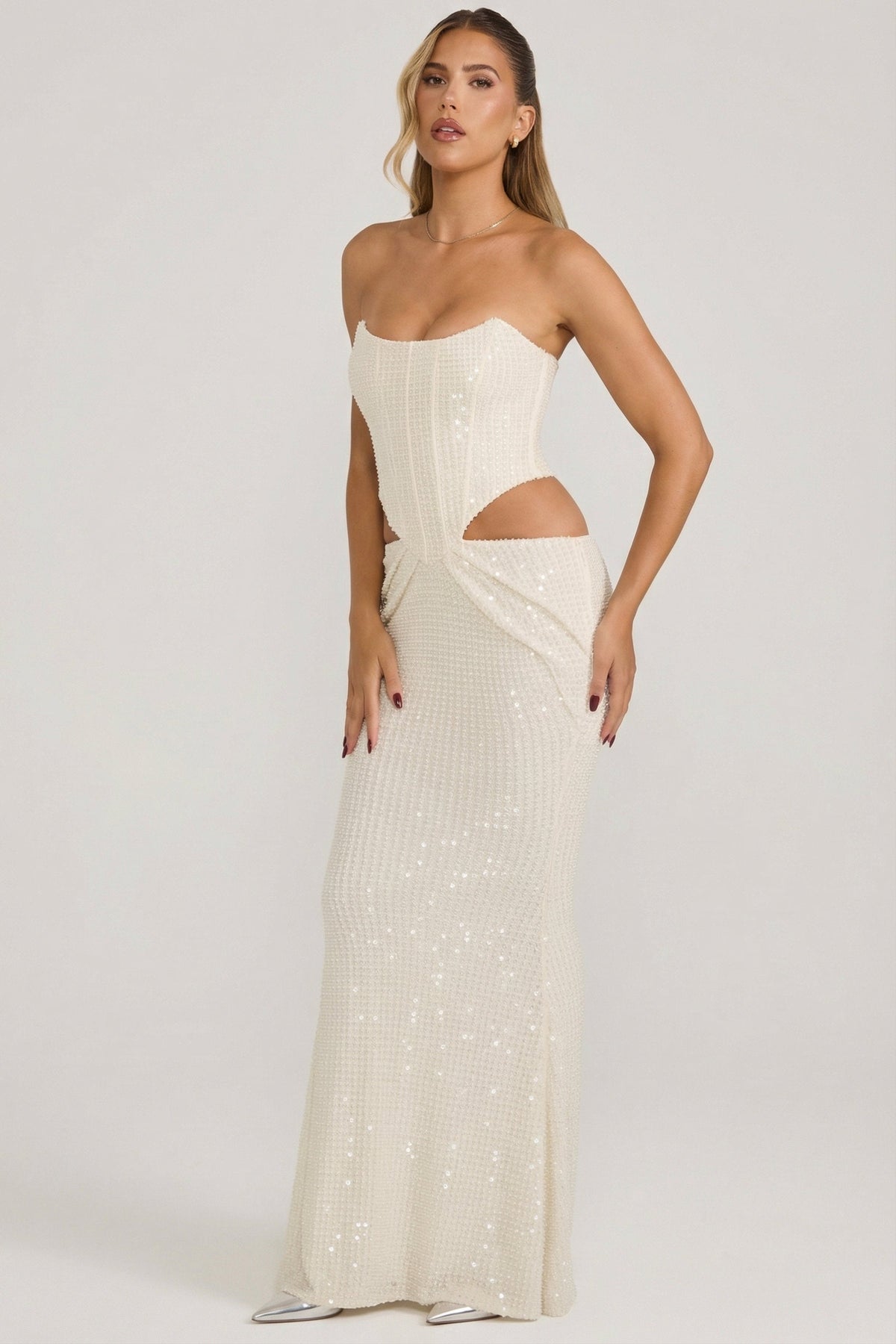 Embellished Cut-Out Draped Corset Gown in White – view 8