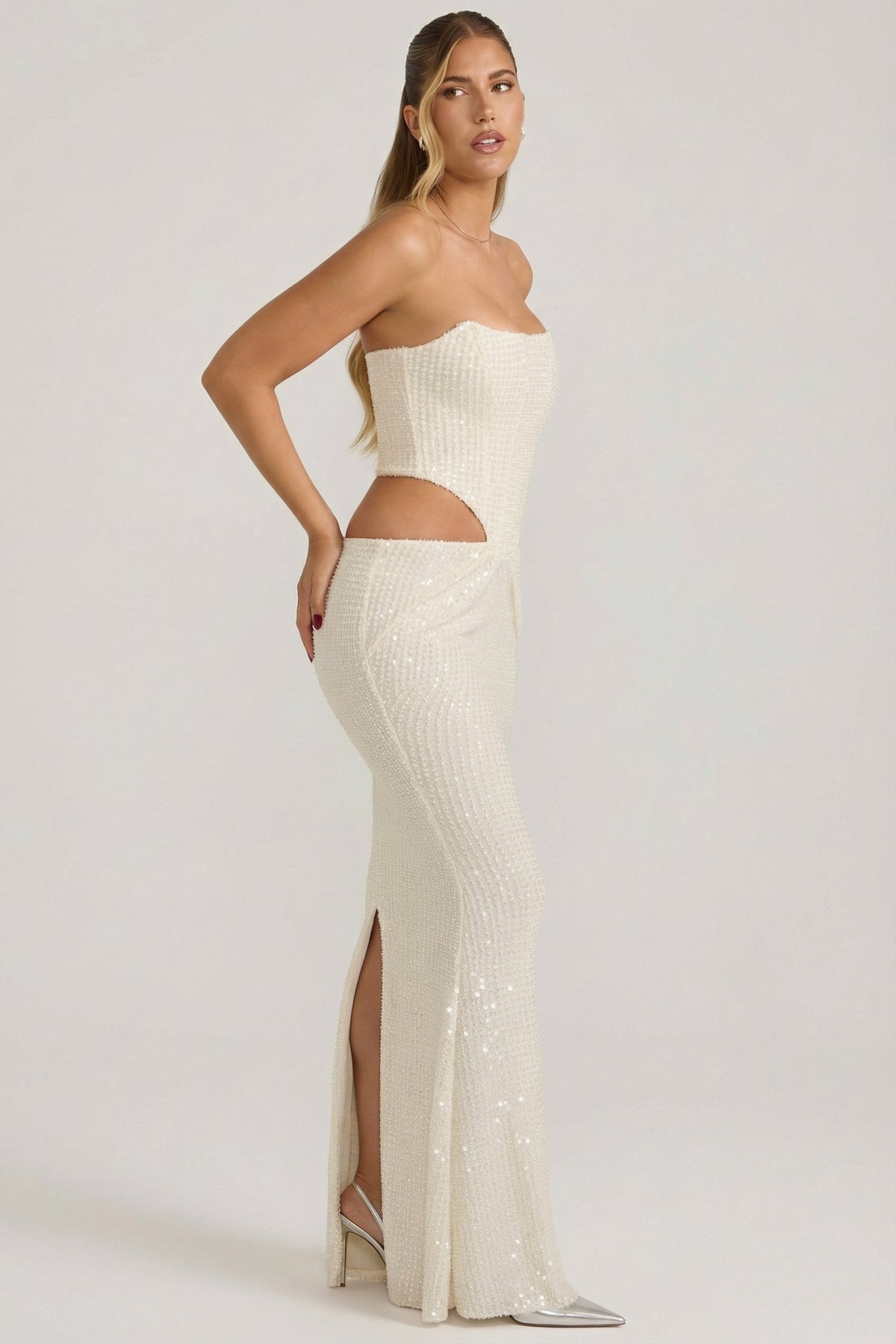 Embellished Cut-Out Draped Corset Gown in White – view 4