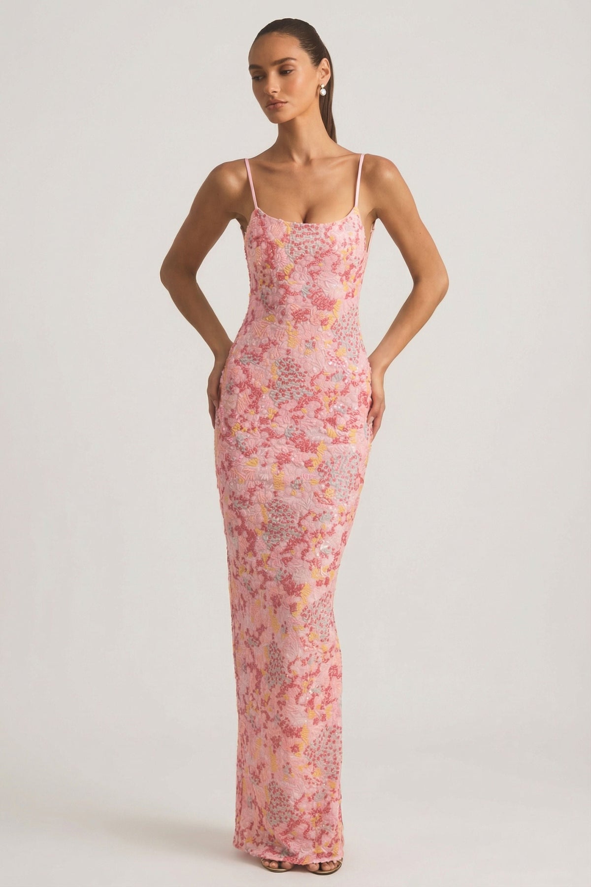 Embellished Scoop-Neck Backless Maxi Dress in Pink – view 1