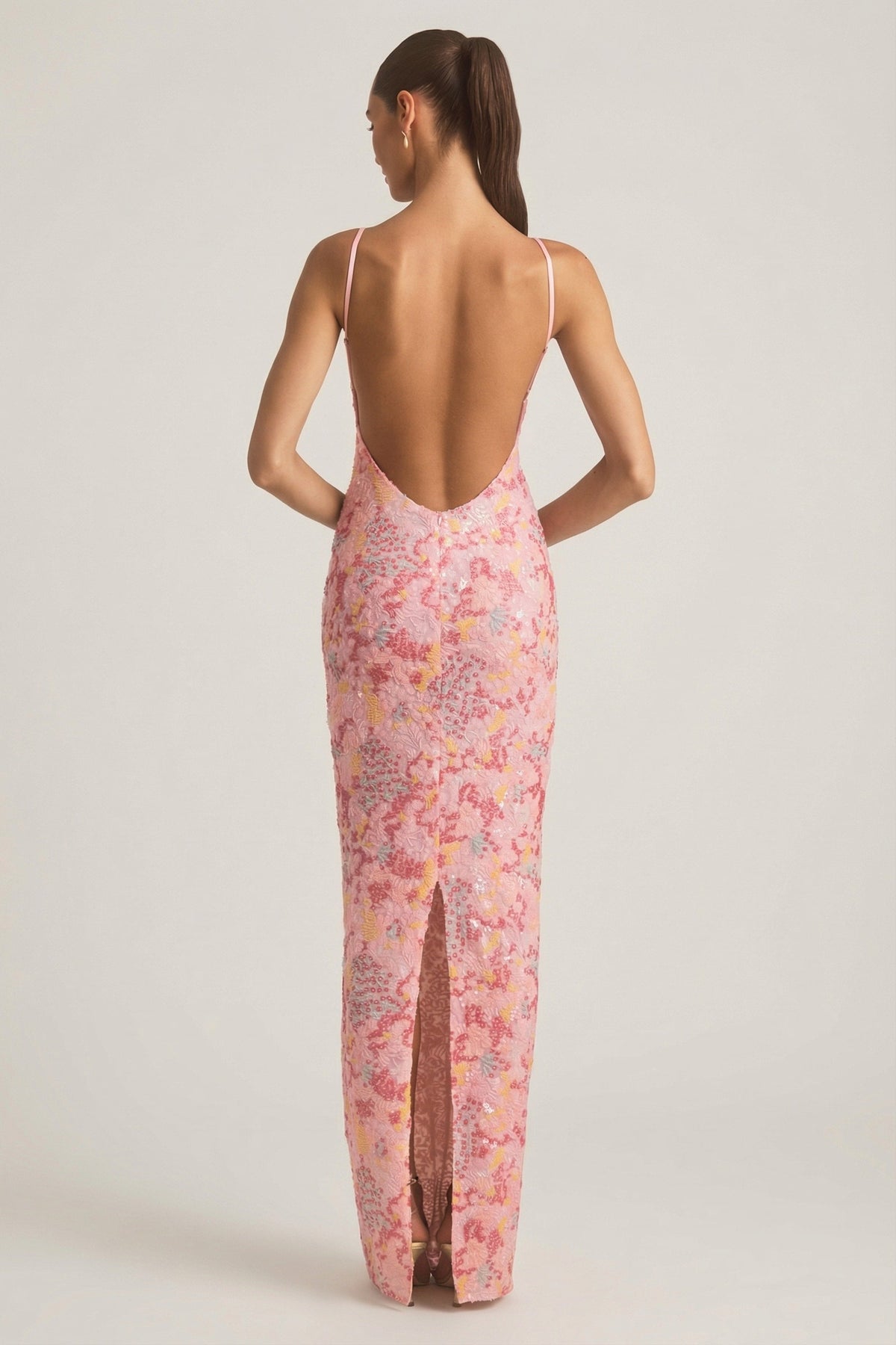 Embellished Scoop-Neck Backless Maxi Dress in Pink – view 2