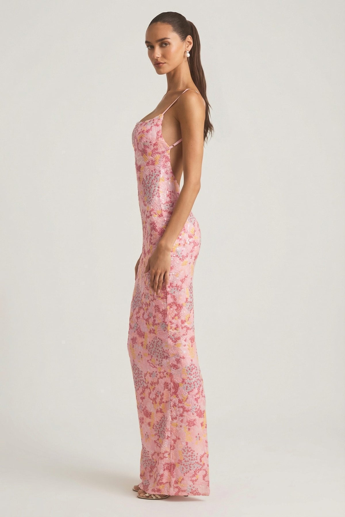 Embellished Scoop-Neck Backless Maxi Dress in Pink – view 5