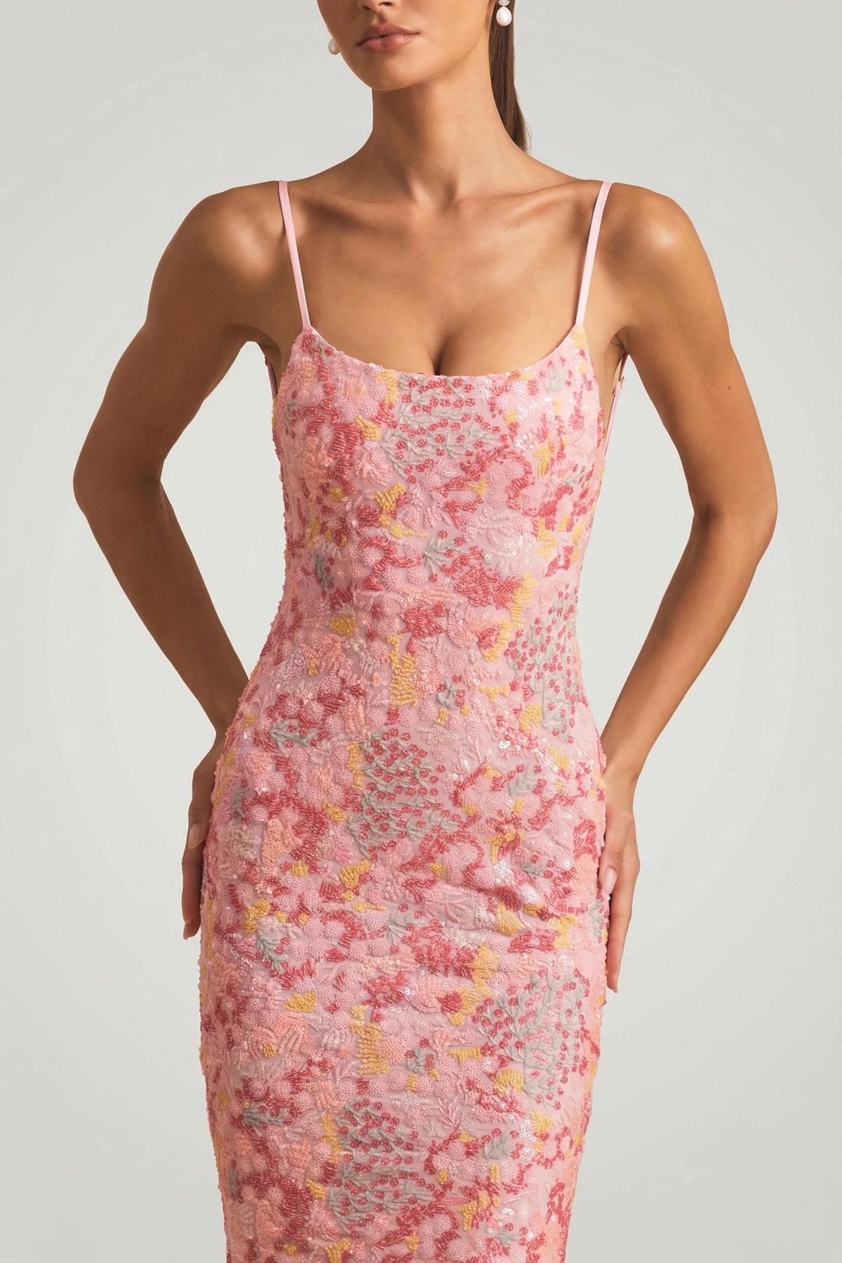 Embellished Scoop-Neck Backless Maxi Dress in Pink – view 3