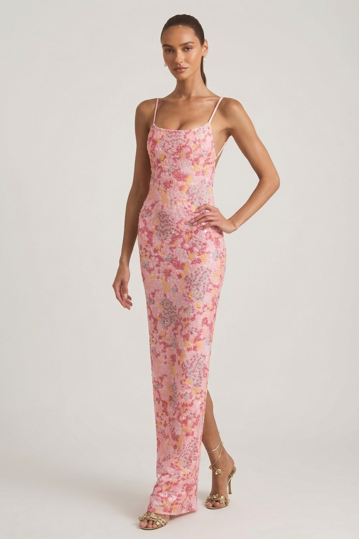 Embellished Scoop-Neck Backless Maxi Dress in Pink – view 4