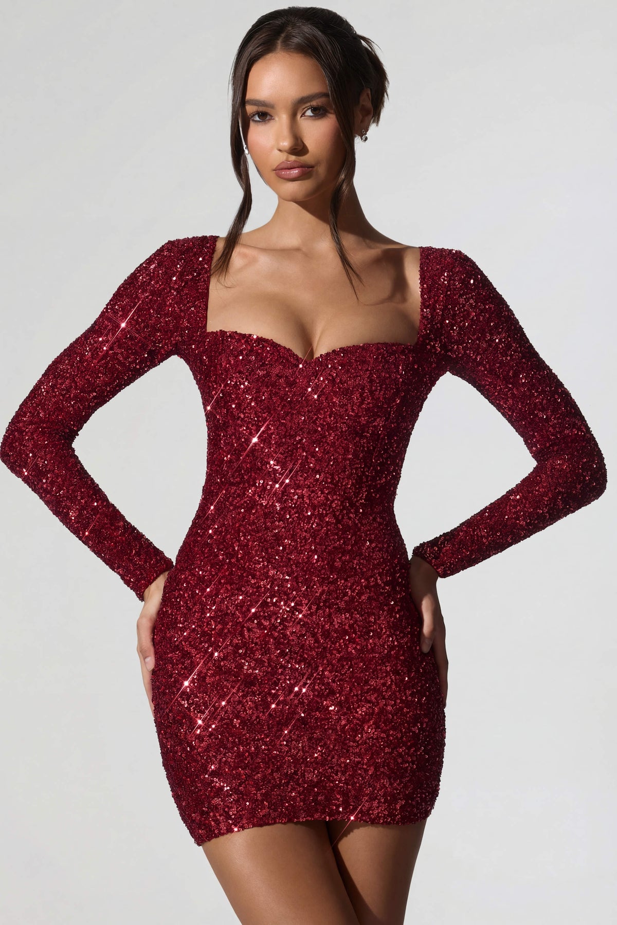 Embellished Sweetheart-Neck Mini Dress in Red – view 6