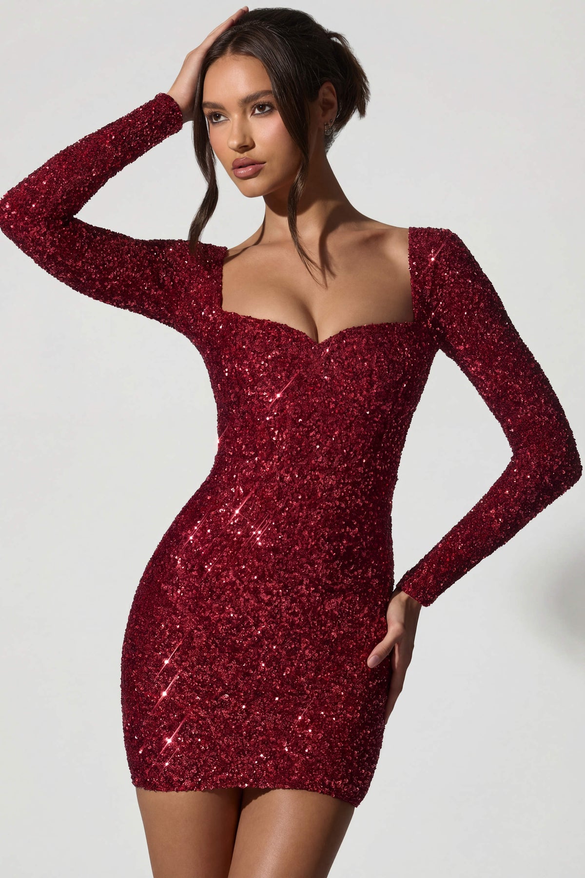 Embellished Sweetheart-Neck Mini Dress in Red – view 1