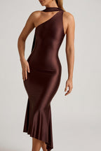 Asymmetric Scarf-Detail Midaxi Dress in Chocolate Brown