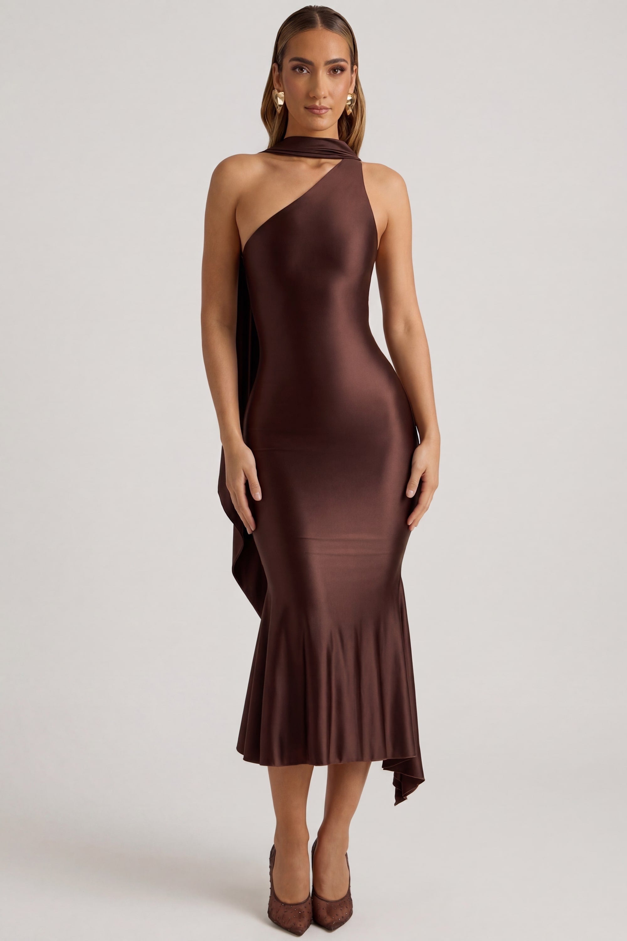 Asymmetric Scarf-Detail Midaxi Dress in Chocolate Brown