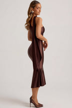 Asymmetric Scarf-Detail Midaxi Dress in Chocolate Brown