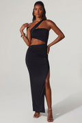 Asymmetric Neckline Ruched Cut Out Maxi Dress in Black – view 1
