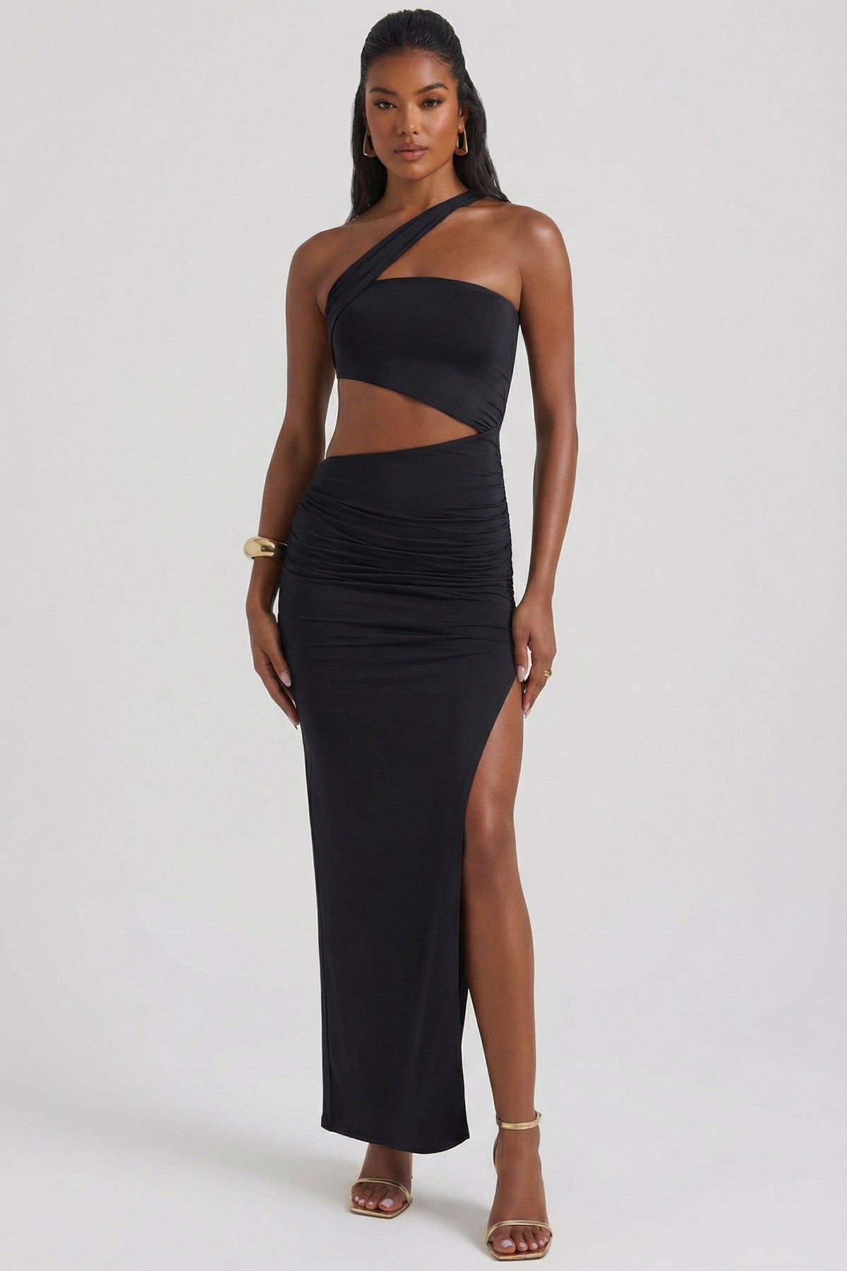 Asymmetric Neckline Ruched Cut Out Maxi Dress in Black – view 6