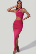 Asymmetric Neckline Ruched Cut Out Maxi Dress in Fuchsia – view 1