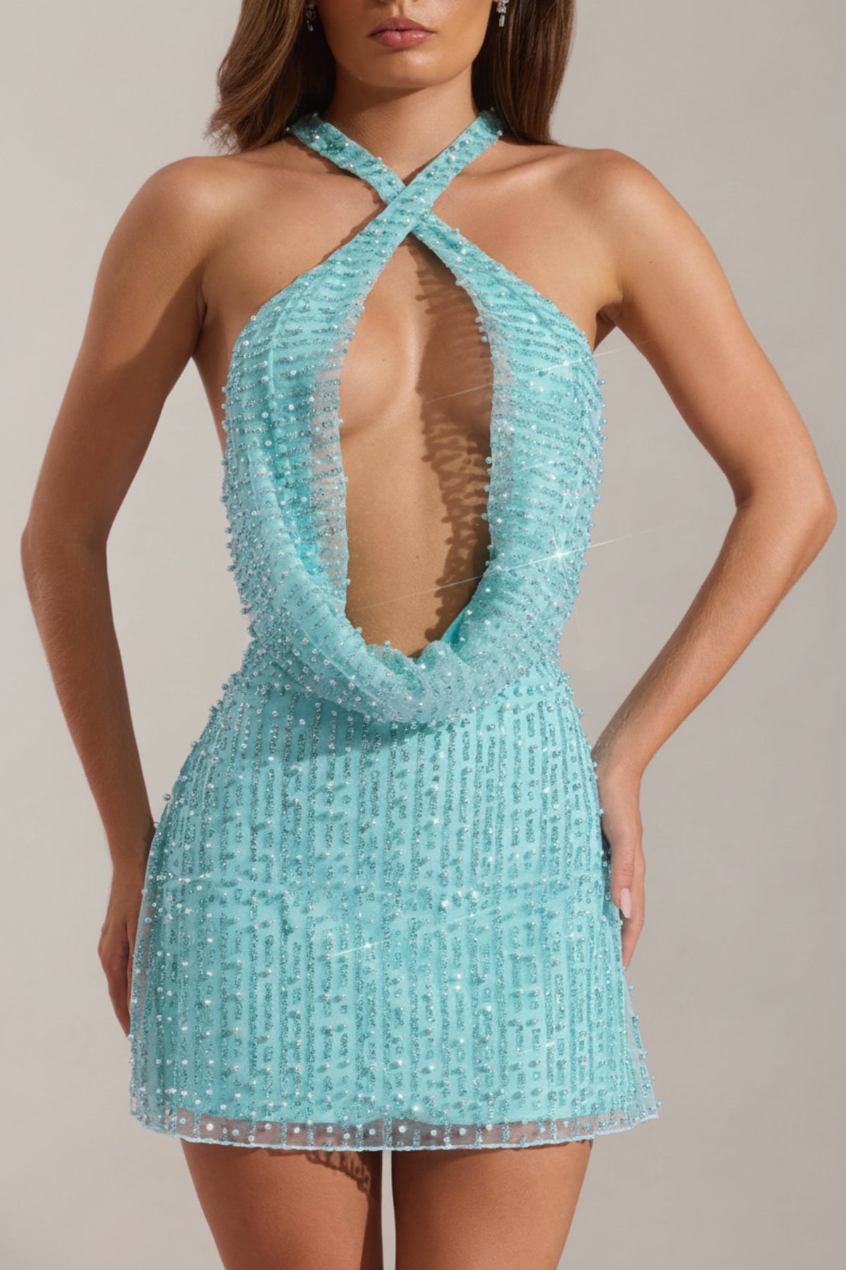 Embellished Cowl-Neck Backless Mini Dress in Aqua Blue – view 3