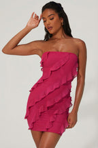 Bandeau Ruffle Detail Mini Dress in Fuchsia