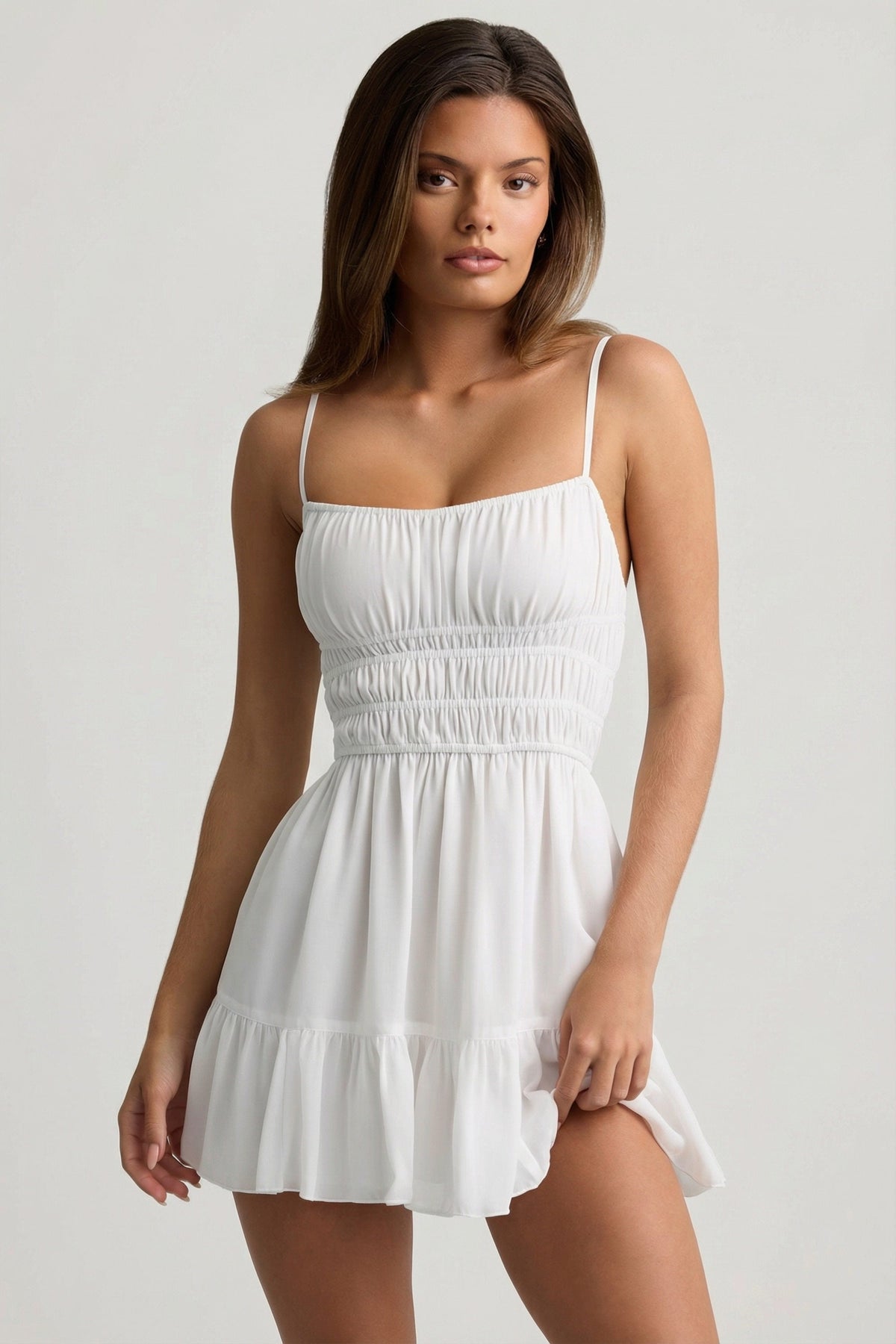 Shirred Camisole Mini Dress in White – view 1
