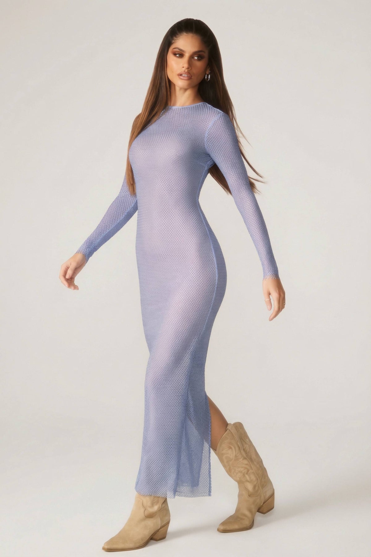Embellished Long Sleeve Maxi Dress in Blue – view 1