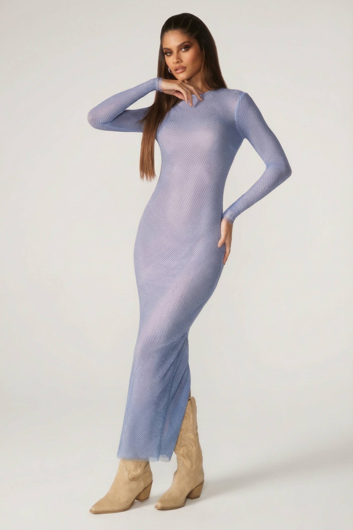 Embellished Long Sleeve Maxi Dress in Blue – view 4