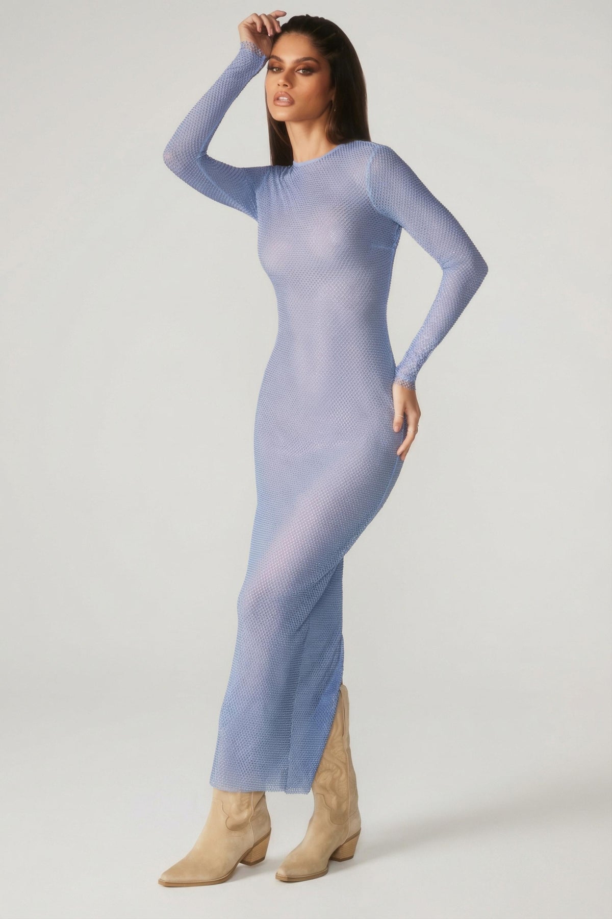 Embellished Long Sleeve Maxi Dress in Blue – view 6