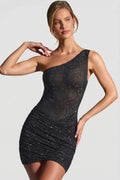 Embellished One-Shoulder Mini Dress in Black – view 1