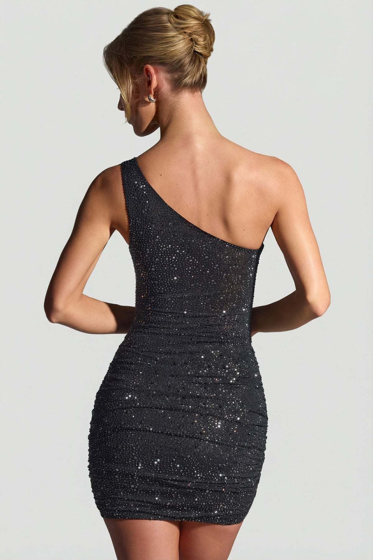 Embellished One-Shoulder Mini Dress in Black – view 2
