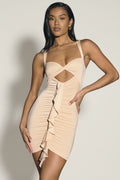 Slinky Jersey Cut-Out Ruffle-Trim Mini Dress in Buttercream – view 1
