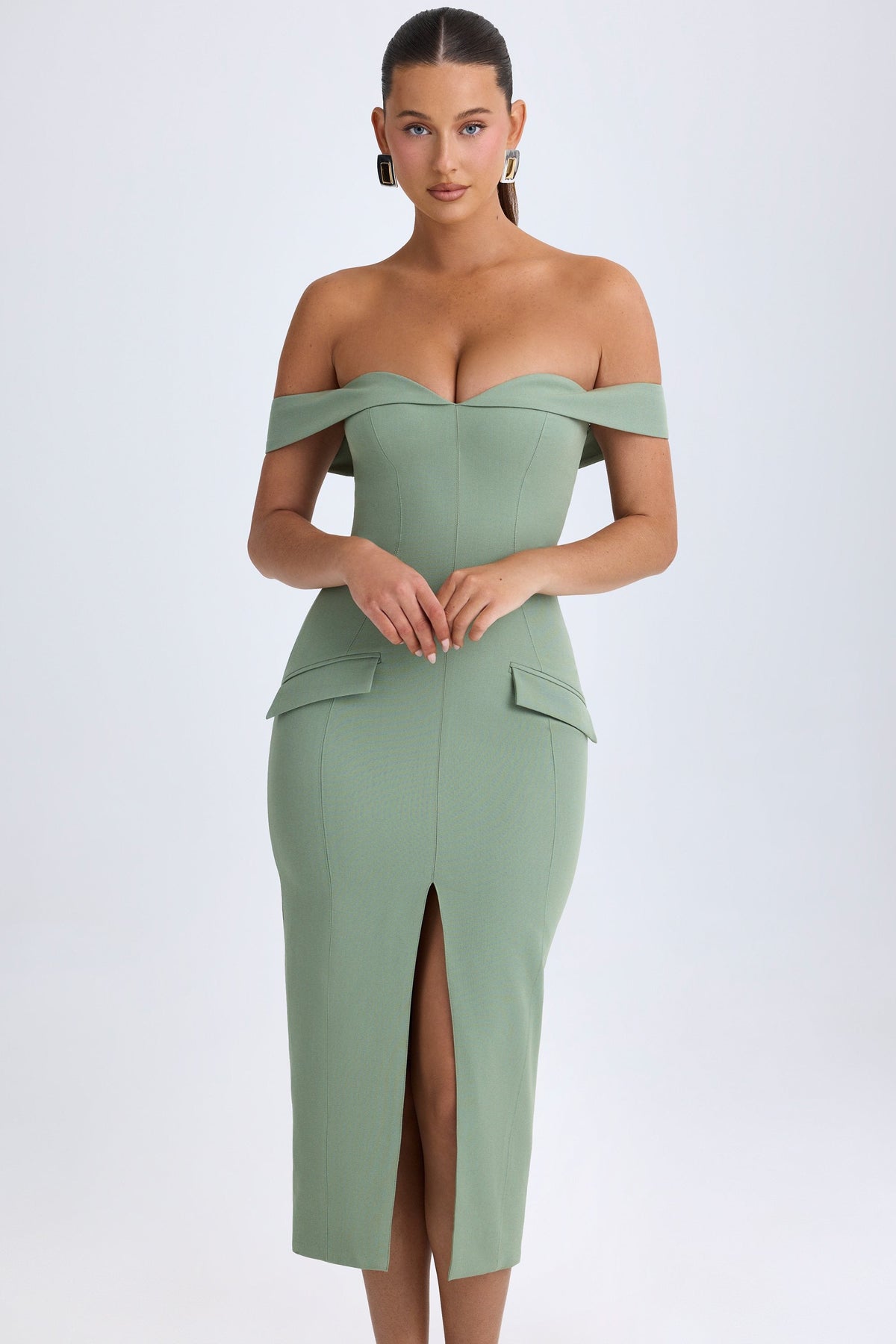 Off-Shoulder Midaxi Dress in Khaki Green – view 1