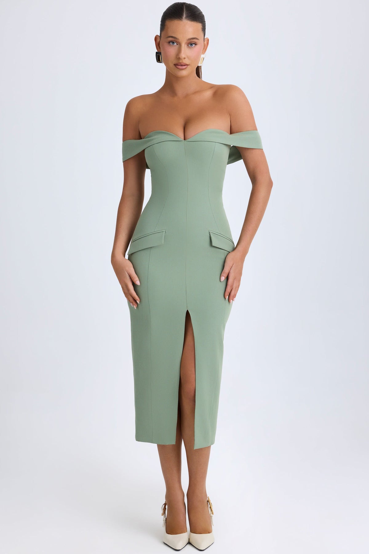Off-Shoulder Midaxi Dress in Khaki Green – view 2